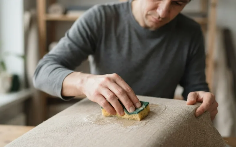a person cleaning glue off a fabric surface with a sponge