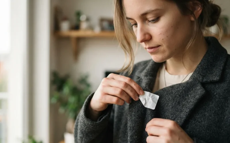 a person removing a sticky label from a jacket