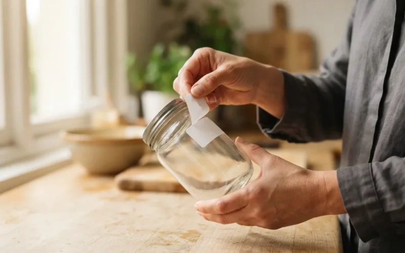 a person peeling a sticker off a glass jar