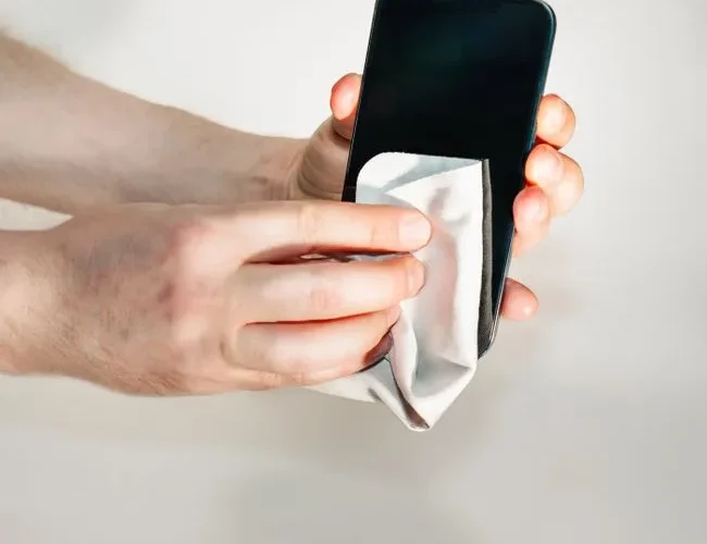 Hands cleaning smartphone screen with a soft cloth, emphasizing hygiene and device care.