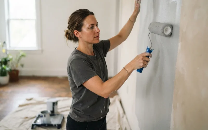 a person painting a wall with a roller
