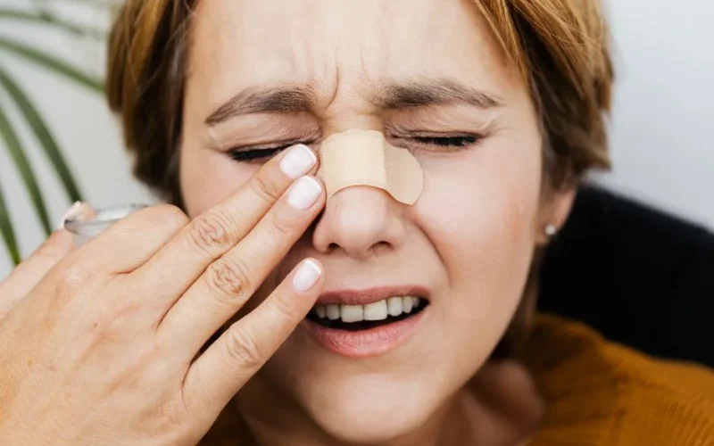 Close-up of a woman with a band aid on her nose, showing pain and discomfort.