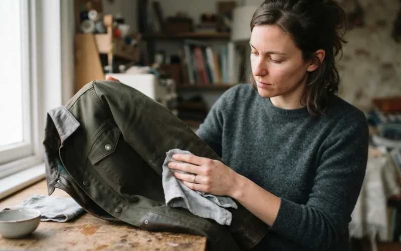 a person cleaning a jacket with a cloth