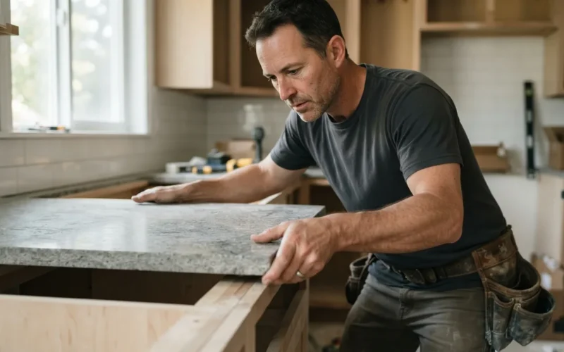 a person installing a kitchen countertop
