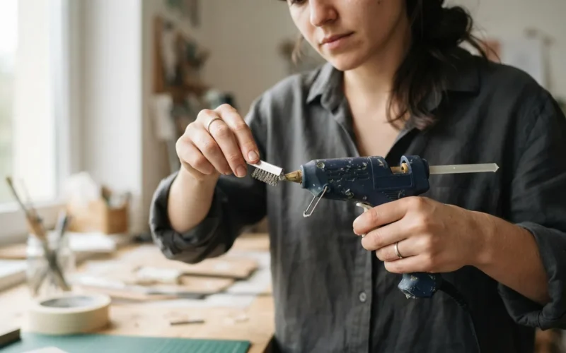 a person cleaning a hot glue gun with a tool