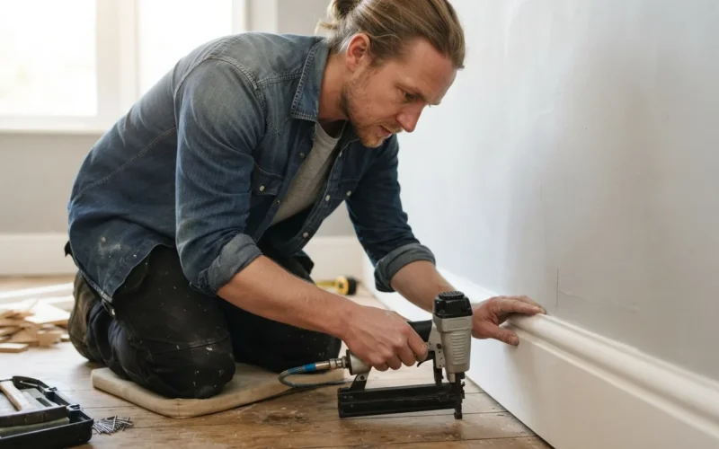a person installing skirting boards in a room