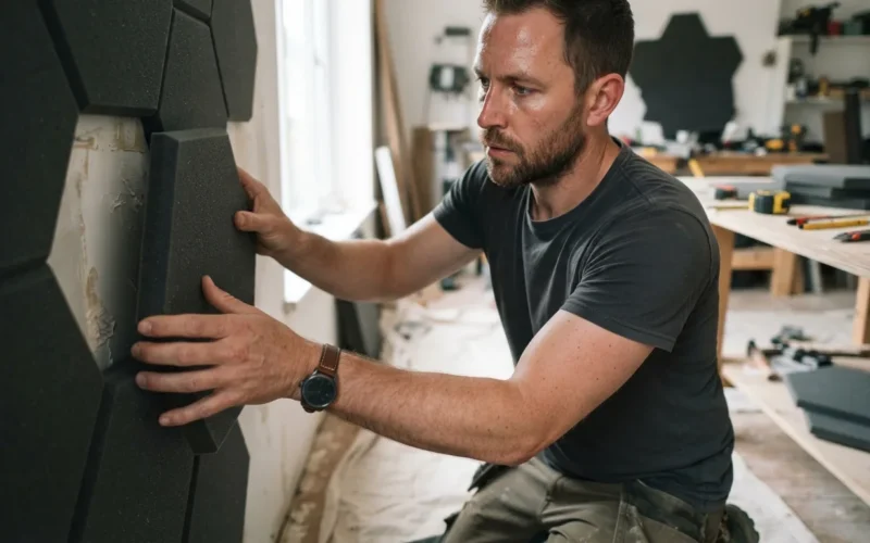 a person installing soundproofing panels on a wall