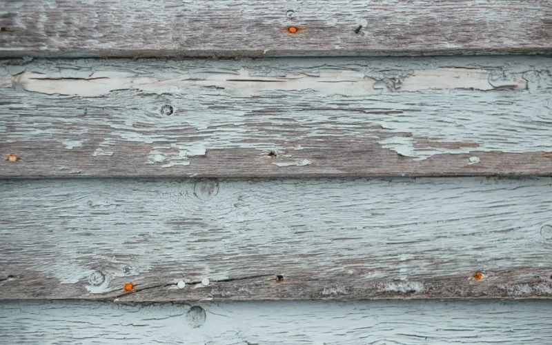 Textured wooden background with peeling paint on gray weathered boards with uneven surface of old fashioned building located on street