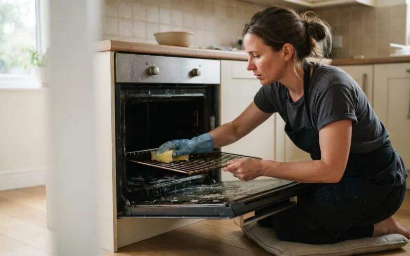 a person cleaning the inside of an oven