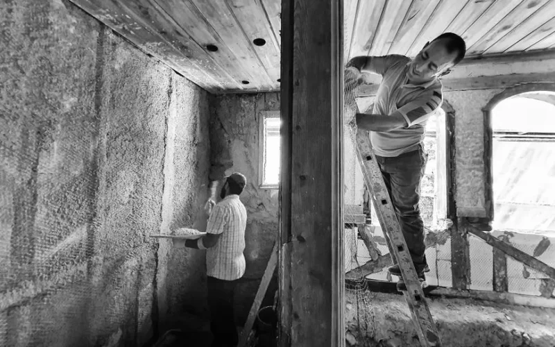 Two men renovating a room, one on a ladder applying plaster, showcasing teamwork and effort.