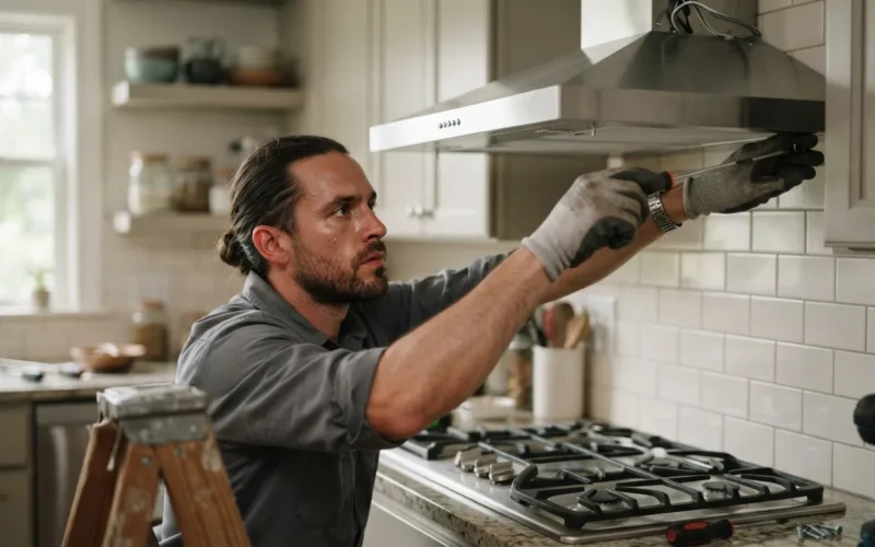 a person installing a kitchen hood above a stove