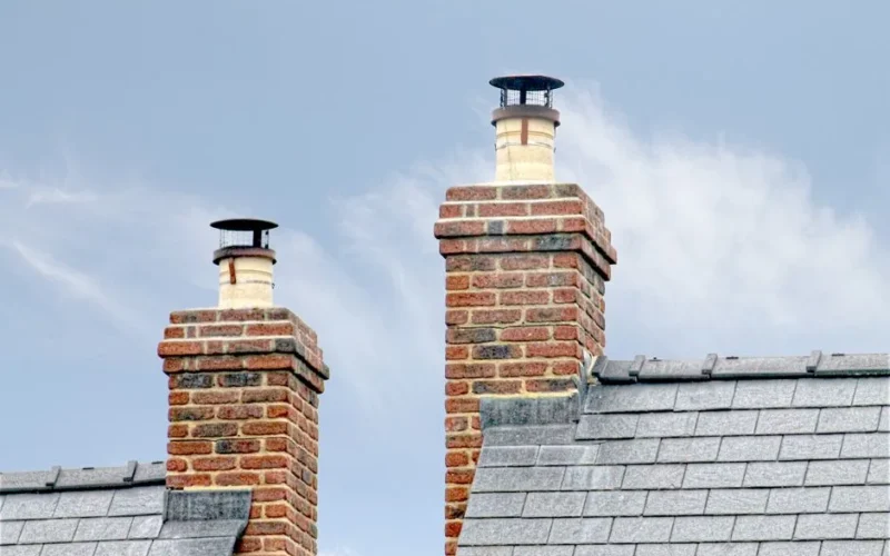 Close-up of traditional brick chimneys on a slate roof, England.
