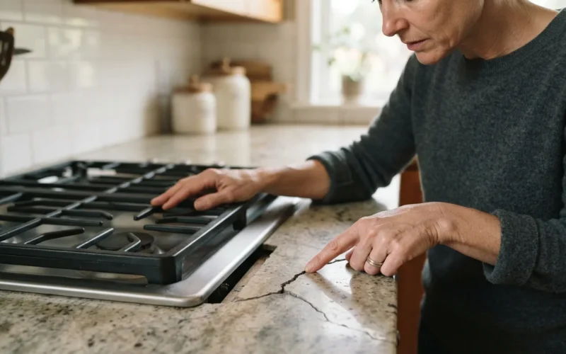 a person inspecting a cracked kitchen countertop near a cooktop opening