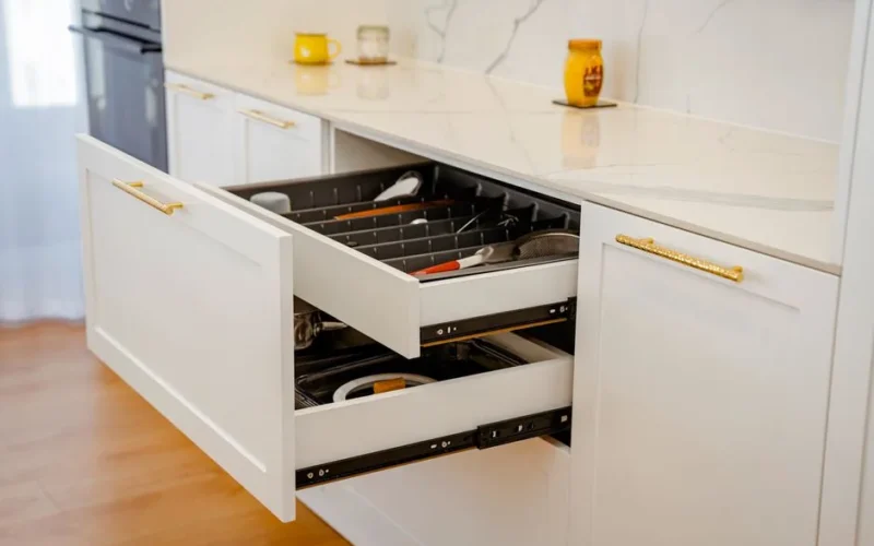 Elegant white kitchen drawer open with utensils, on marble counter.
