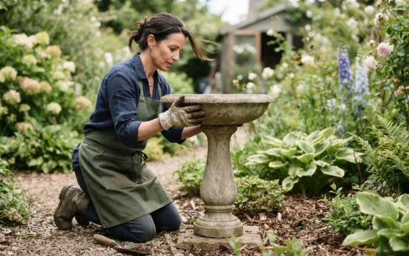a person assembling a bird bath in a garden