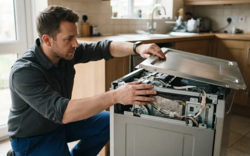 a person removing the top panel of a dishwasher