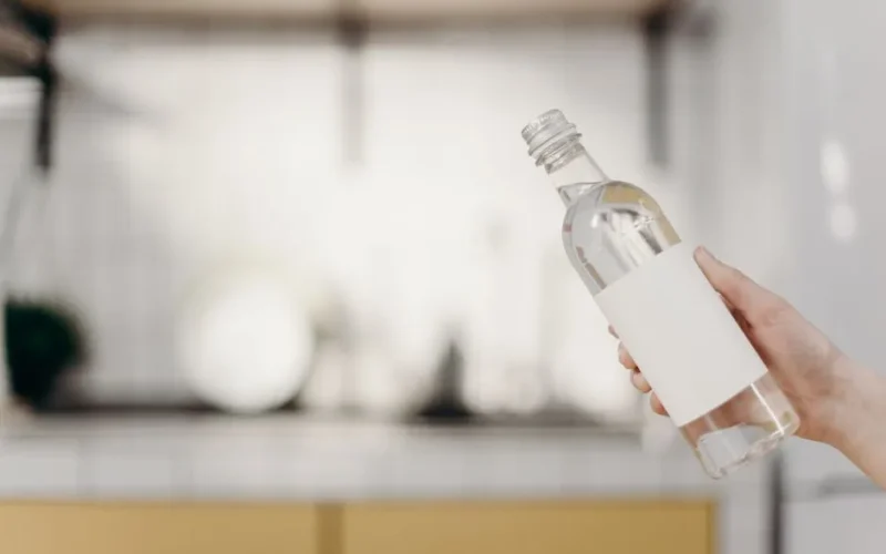 Hand holding a clear water bottle with blank label in a modern kitchen setting.