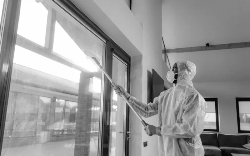 Person in protective coveralls sanitizing a window indoors with daylight.