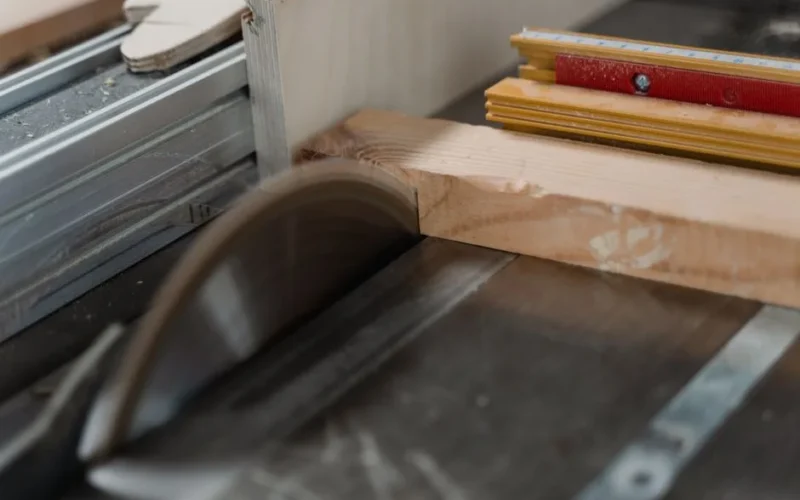 Focused image of a circular saw cutting through timber, highlighting woodworking craftsmanship.