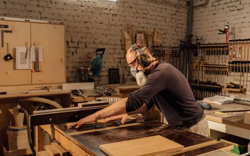 Experienced woodworker using a table saw in a well-equipped woodworking shop.