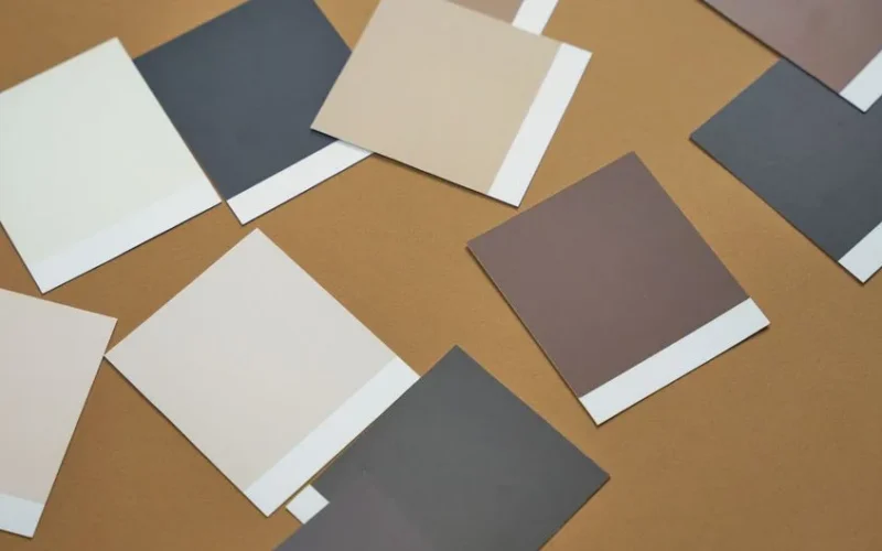 An overhead shot of various color swatches on a brown surface, illustrating design choices.