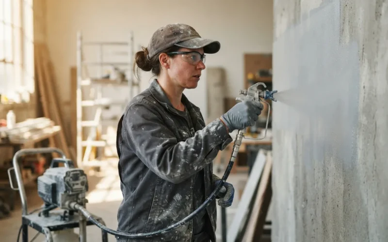 a person using a paint sprayer on a wall