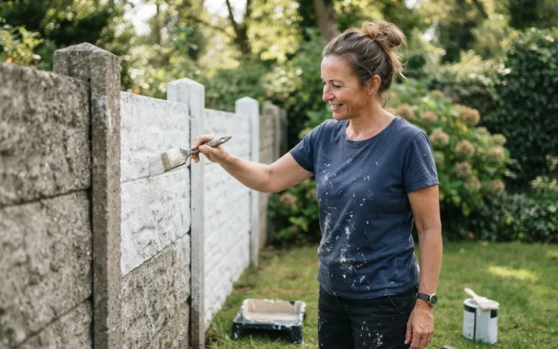 a person painting a concrete garden fence