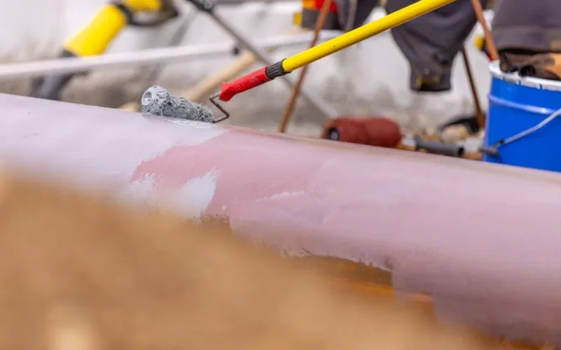 Close-up of a roller brush painting an industrial pipeline outdoors. Equipment visible in the background.