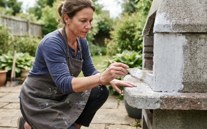 a person painting a concrete barbecue
