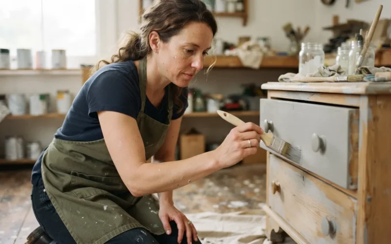 a person painting a wooden piece of furniture