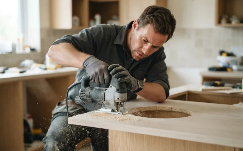 a person cutting a hole in a kitchen countertop with a jigsaw