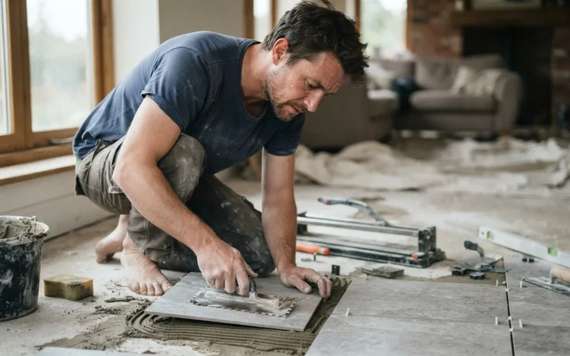 a person installing floor tiles