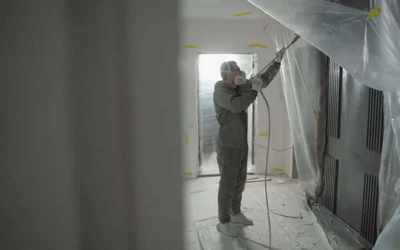 Man in protective gear spray painting a house's interior during renovation work.