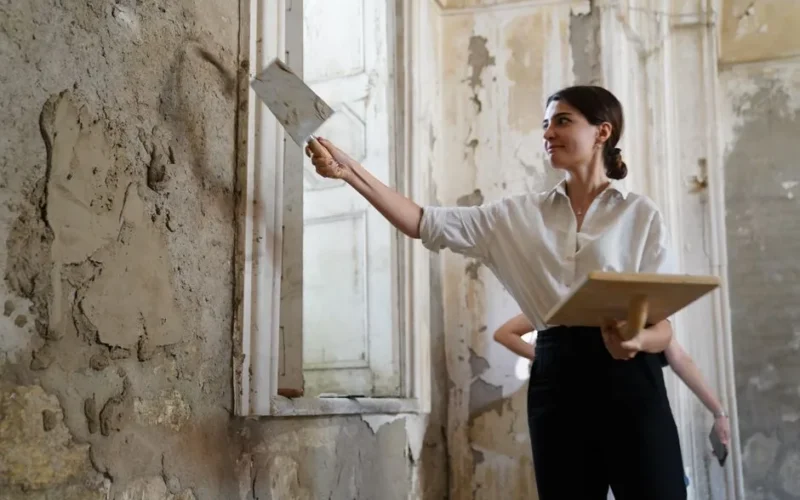 A woman in a white shirt renovating an old interior by applying plaster to walls.