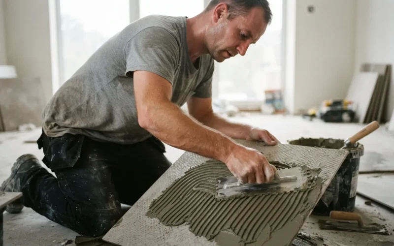 a tiler applying adhesive to the back of a large tile