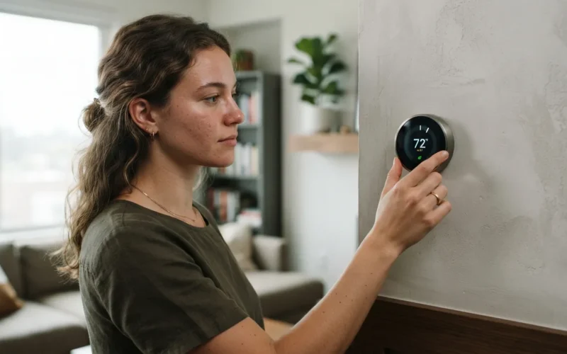 a person adjusting a smart thermostat on a wall in a modern apartment