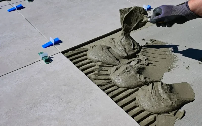 Close-up of a gloved hand applying mortar for ceramic tile installation outdoors.
