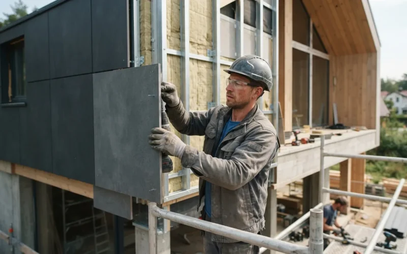 a modern house with a ventilated facade under construction