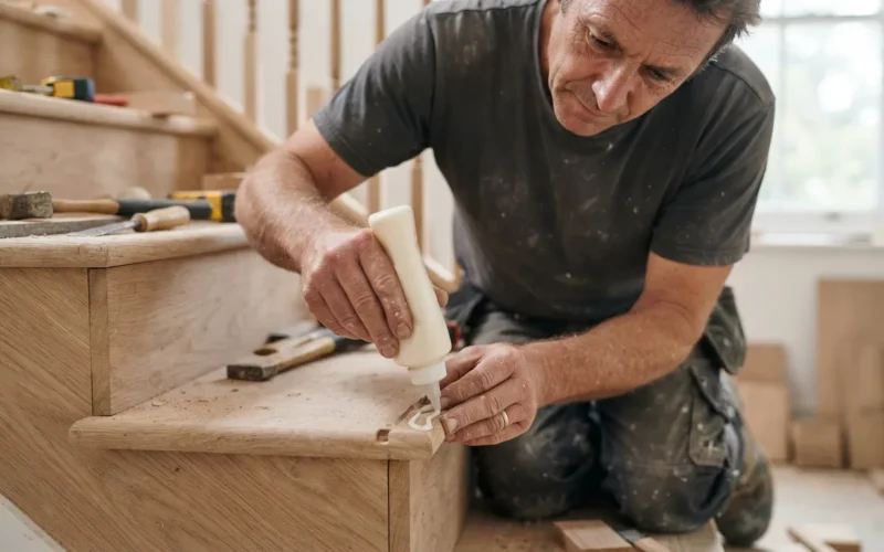 a person applying wood glue to a stair tread