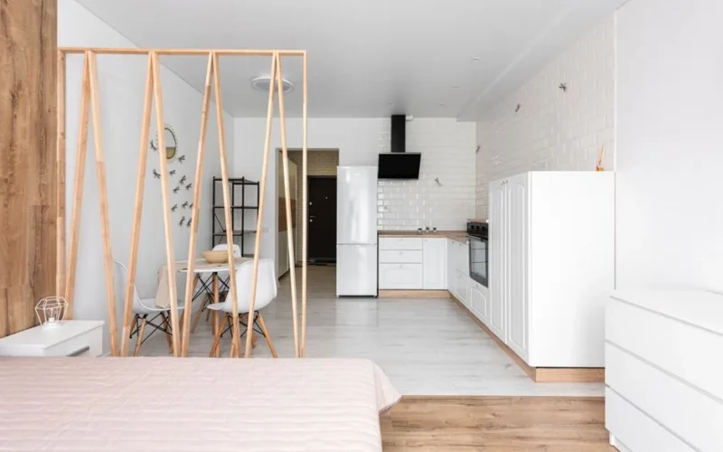 Spacious modern studio apartment featuring an open kitchen and minimalist decor.