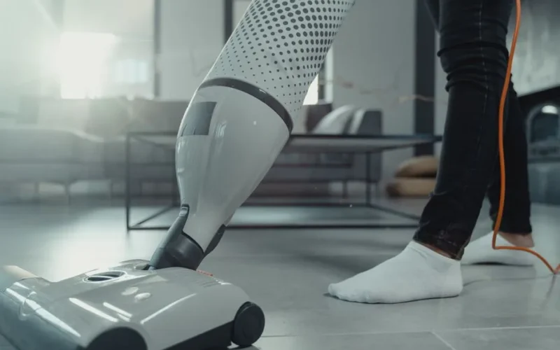 Person vacuuming a tiled floor with a modern appliance in a bright indoor setting.