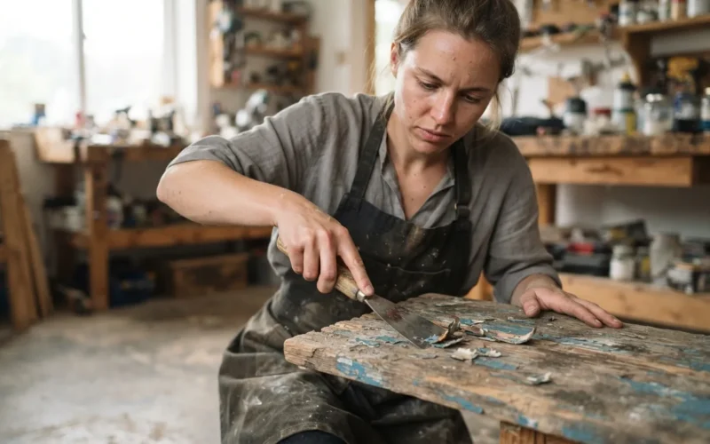 a person scraping paint off a wooden board