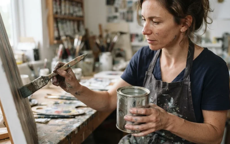 a person holding a paintbrush and a can of solvent