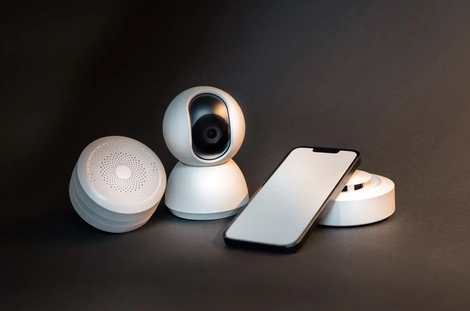 A sleek smartphone with modern smart home devices on a minimalist gray background.