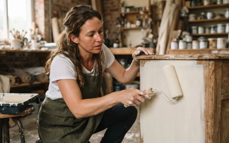 a person painting a piece of furniture with a roller