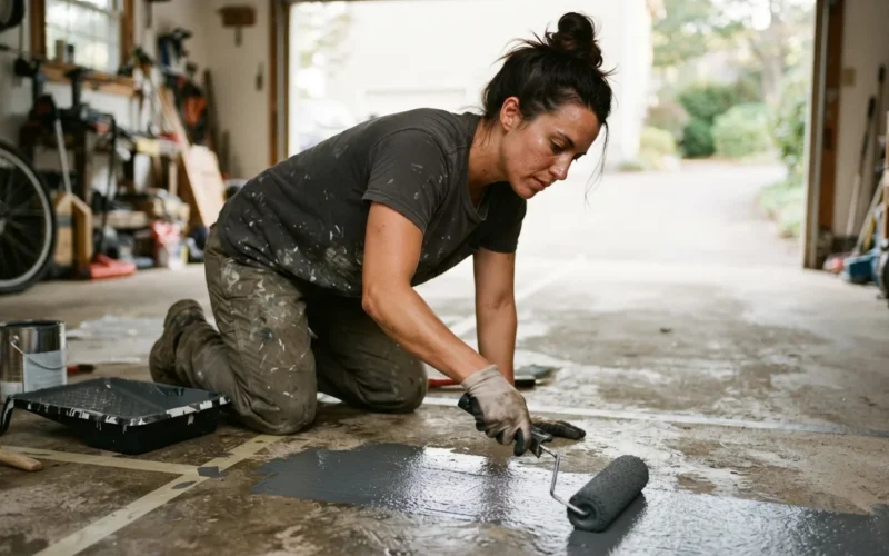 a person applying paint to a garage floor