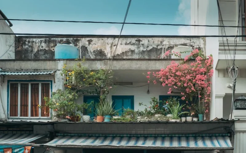Rustic urban balcony adorned with lush bougainvillea and assorted plants under a clear blue sky.
