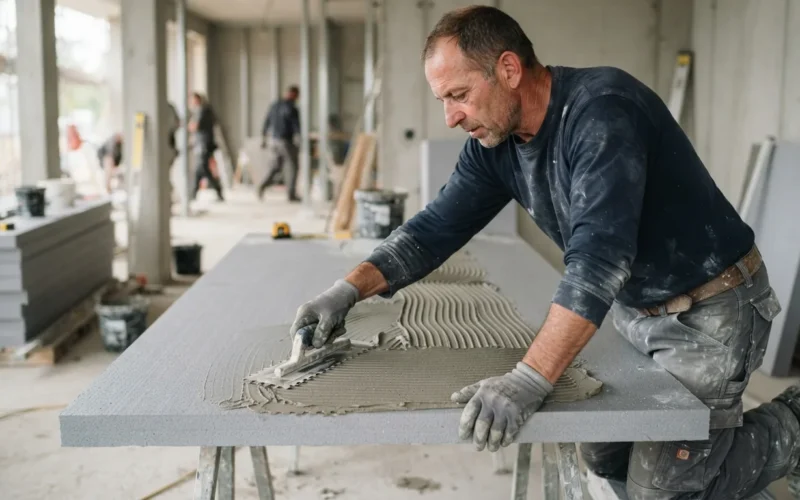 a worker applying adhesive to a large insulation board