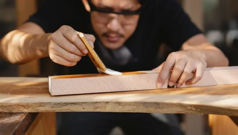 Serious crop young ethnic male carpenter in casual clothes and eyeglasses applying varnish to wooden plank with brush in workshop