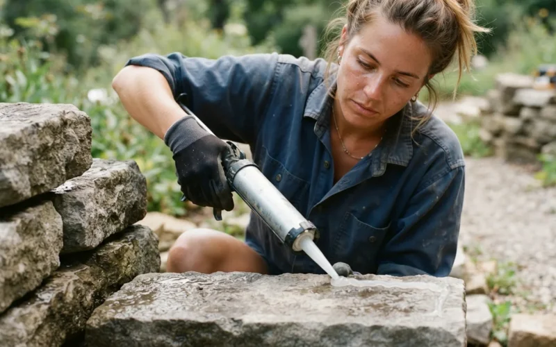 a person applying glue to a stone surface outdoors